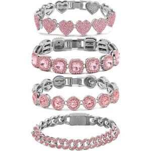 Women's Gold Silver Bracelet Set Heart Tennis Cuban Layered Link 4PCS Diamond